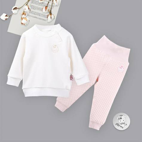 [2 Stück] Verantwortung männlich und weiblich Baby Bio-Baumwolle Langarm Shirt mit tiefem Boden Vitalität einfarbig weiß + Bio-Baumwolle hohe Taille Bauchschutzhose rosa