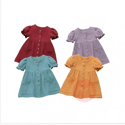 JINXI Plain Musselin Knopf Mädchen Retro Casual Kleid für Kinder