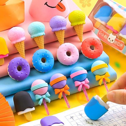 [3 Kisten]Cute creative school student simulation Ice Cream Donut Erasers set kids cartoon food eraser gift stationery supplies 4pc/box