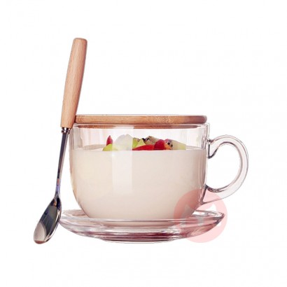 Glas Frühstücksbecher mit Deckel Löffel und Haferflocken Schüssel