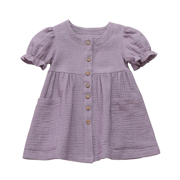 JINXI Plain Musselin Knopf Mädchen Retro Casual Kleid für Kinder