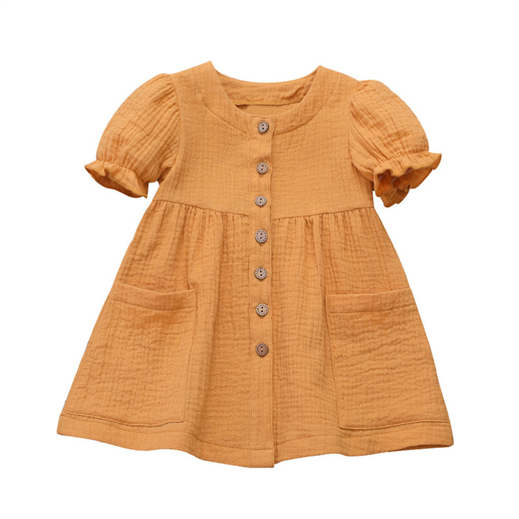 JINXI Plain Musselin Knopf Mädchen Retro Casual Kleid für Kinder