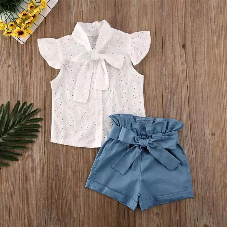 Bear Leader Mädchen Fliege Fliege Fliege Ärmel Spitze T-Shirt Top blau Rüschen Shorts Set