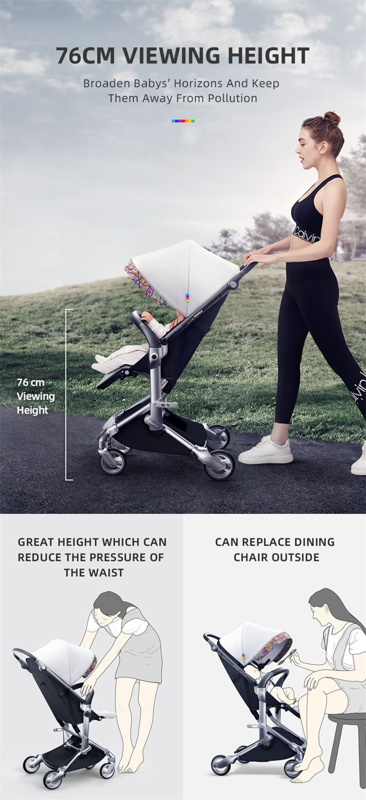 Bebebus High -Landscape PU -Triple -in -Einsfaltbarer Kinderwagen