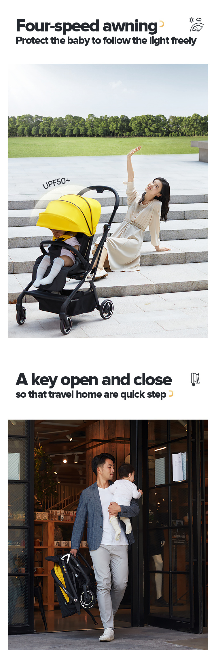 DearMom A7 Light Folding kann auf einem Babywagen sitzen