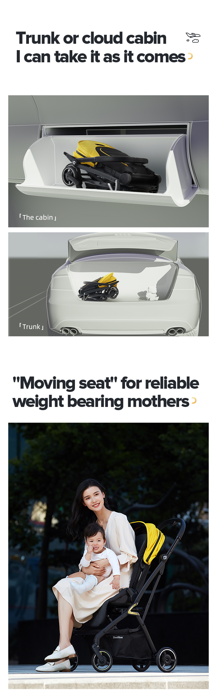 DearMom A7 Light Folding kann auf einem Babywagen sitzen