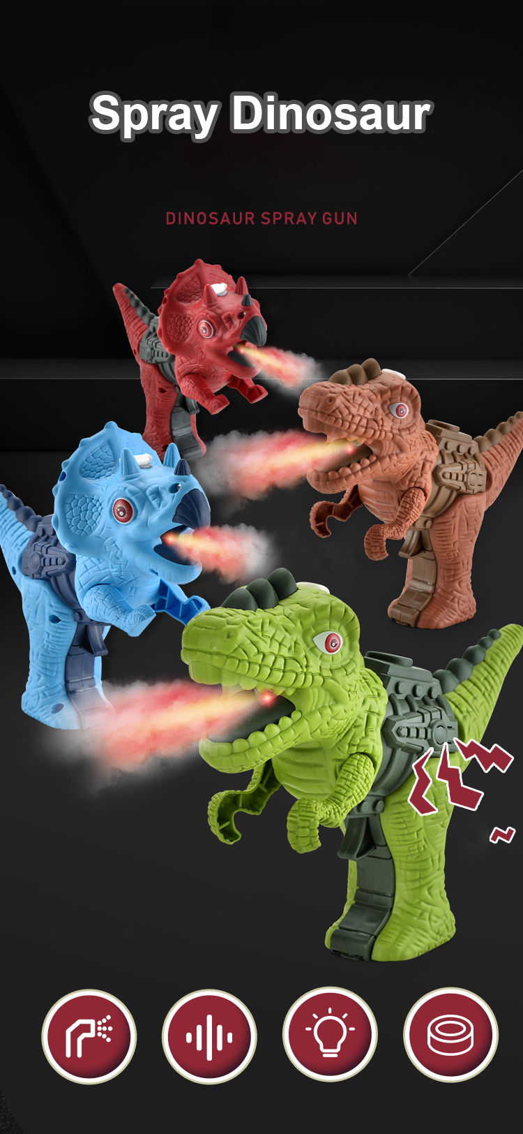 Kunststoff Electric Sound Licht Spray Rauch Dinosaurier Boy Pistole Spielzeug Kinder Dinosaurier Spray Wasser pistole mit Licht und Musik Mini Wasser pistole