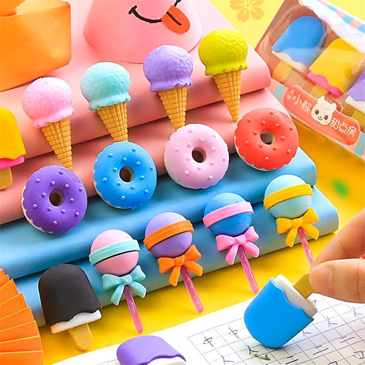 [3 Kisten]Cute creative school student simulation Ice Cream Donut Erasers set kids cartoon food eraser gift stationery supplies 4pc/box