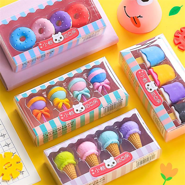 [3 Kisten]Cute creative school student simulation Ice Cream Donut Erasers set kids cartoon food eraser gift stationery supplies 4pc/box