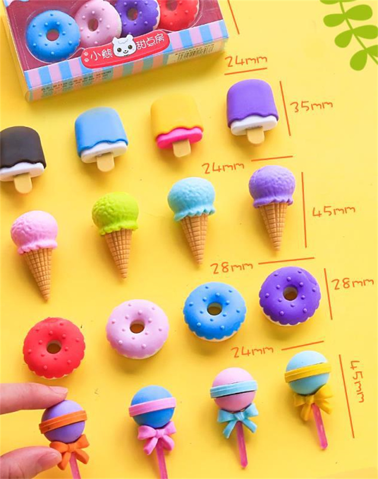 [3 Kisten]Cute creative school student simulation Ice Cream Donut Erasers set kids cartoon food eraser gift stationery supplies 4pc/box