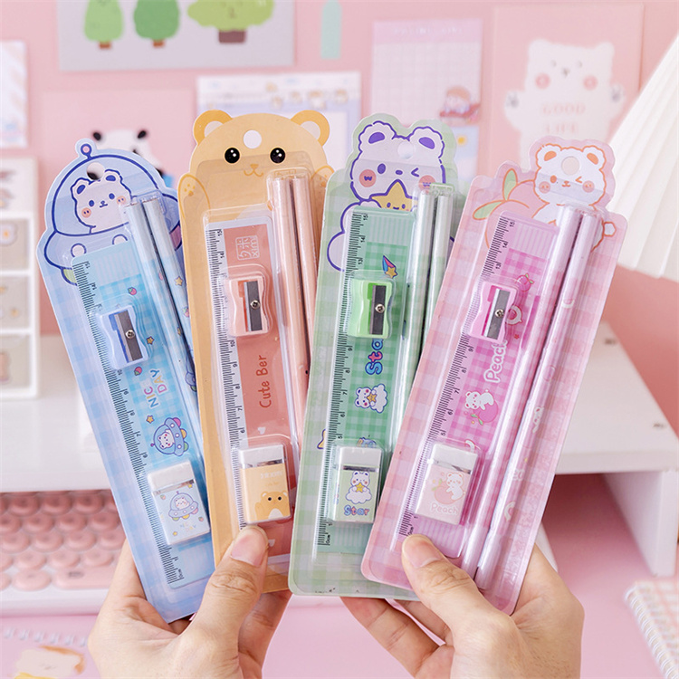 [5 Kisten]Kreatives Briefpapier Set Tier Cartoon Bleistift Nette Lineal Kinder Bleistiftspitzer Schüler Radiergummi Schulbedarf Geschenke