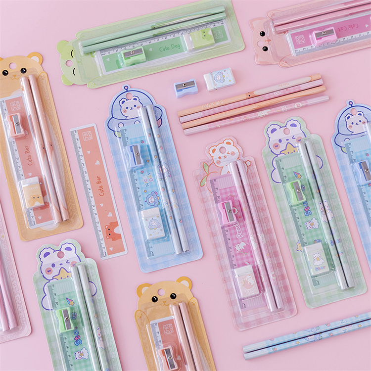 [5 Kisten]Kreatives Briefpapier Set Tier Cartoon Bleistift Nette Lineal Kinder Bleistiftspitzer Schüler Radiergummi Schulbedarf Geschenke