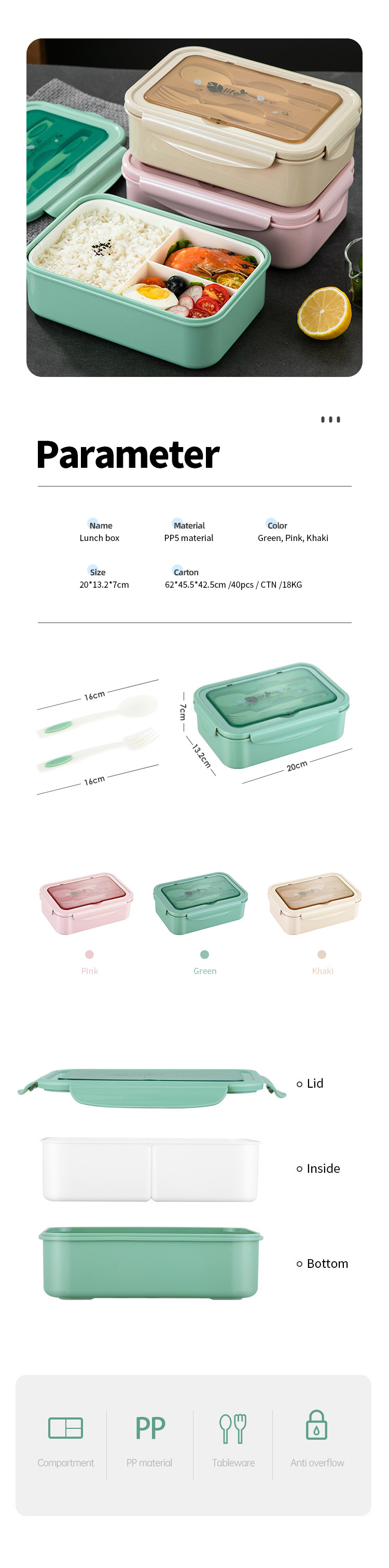 1100ml Kunststoff Kid School Adult Office Geschirrs püler Mikrowellen geeignete Bento Box 3 Geteilte Bento Box Lunch Box Besteck Löffel Gabel