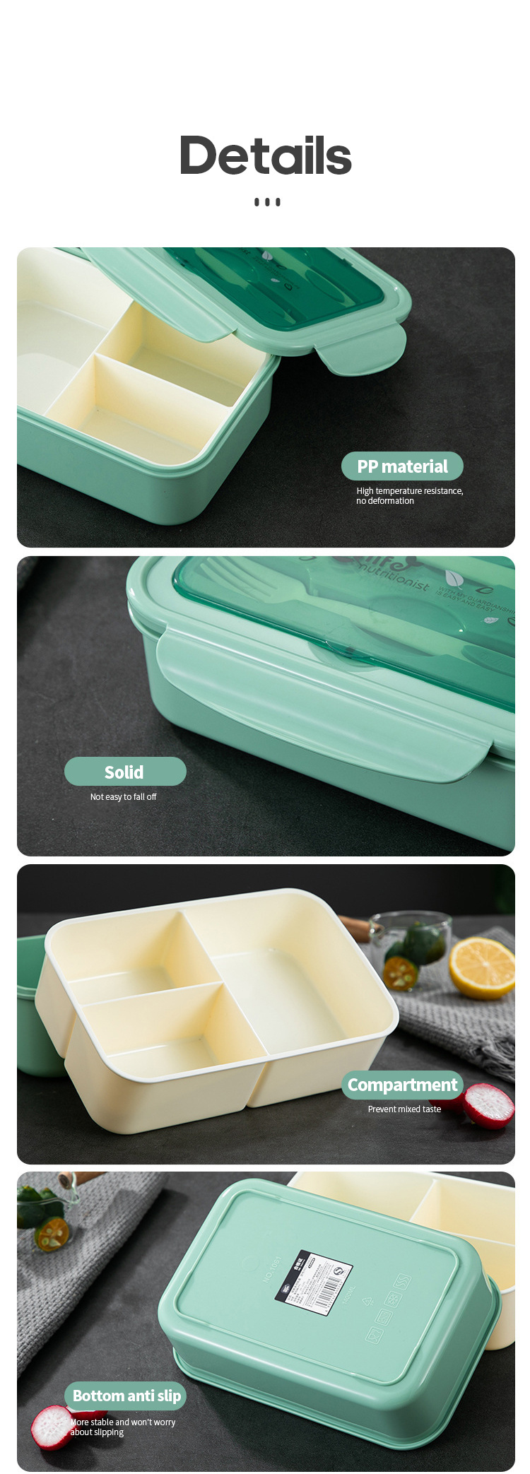 1100ml Kunststoff Kid School Adult Office Geschirrs püler Mikrowellen geeignete Bento Box 3 Geteilte Bento Box Lunch Box Besteck Löffel Gabel