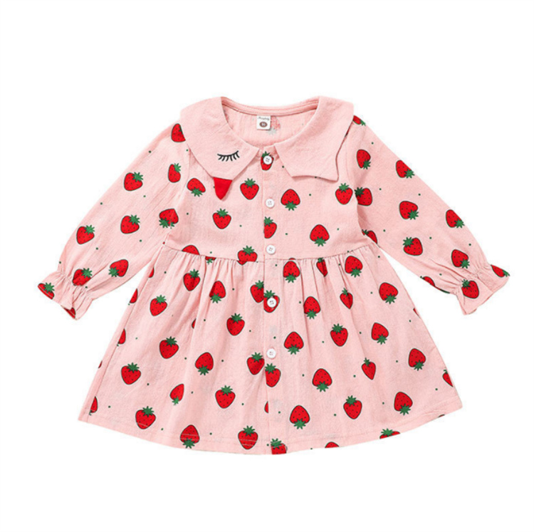Yiwu Qinlan Garment Factory Strawberry bedrucktes rosa Langarmkleid