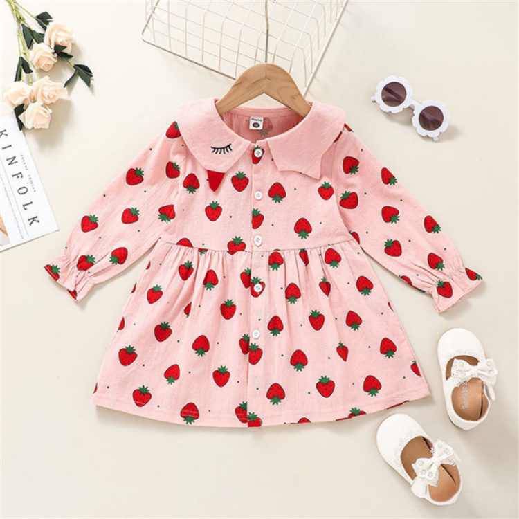 Yiwu Qinlan Garment Factory Strawberry bedrucktes rosa Langarmkleid