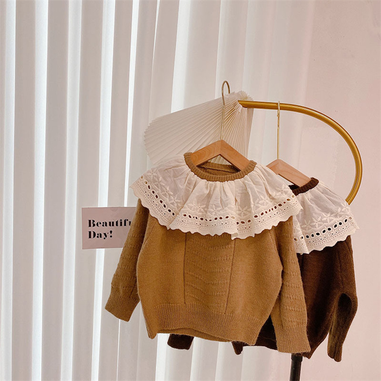1 moving Unifarbener Pullover mit Spitzenkragen für Mädchen