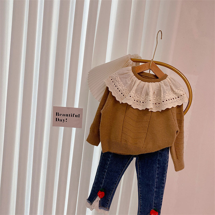 1 moving Unifarbener Pullover mit Spitzenkragen für Mädchen