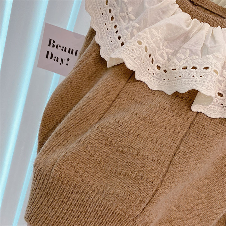 1 moving Unifarbener Pullover mit Spitzenkragen für Mädchen