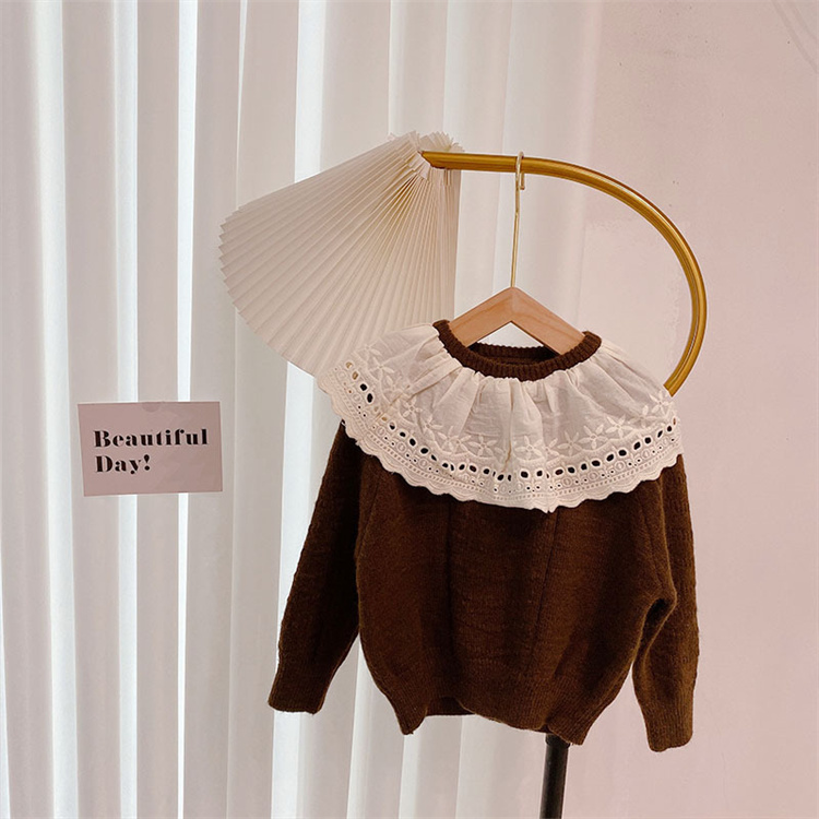 1 moving Unifarbener Pullover mit Spitzenkragen für Mädchen