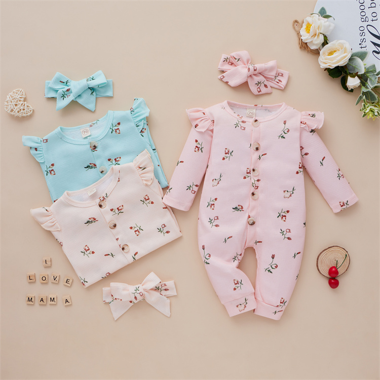 Sue Mia Floral Waffel Baumwolle Langarm Baby Bodysuit