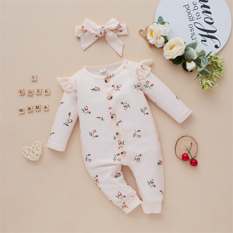 Sue Mia Floral Waffel Baumwolle Langarm Baby Bodysuit