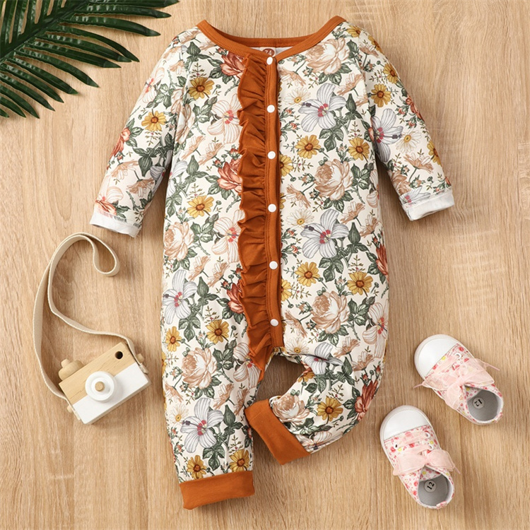 Mengtaiqi Frühling und Herbst Floral Printing Rüschen Single breasted Langarm Baby Bodysuit