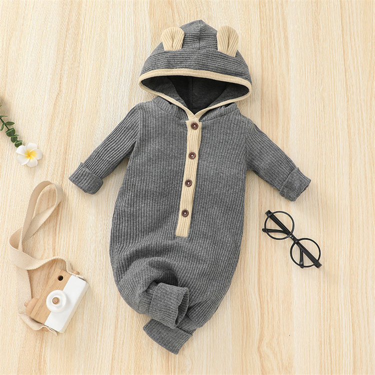 Mommyhome Rippbündchen Kapuze Langarm einreihiger Baby Jumpsuit