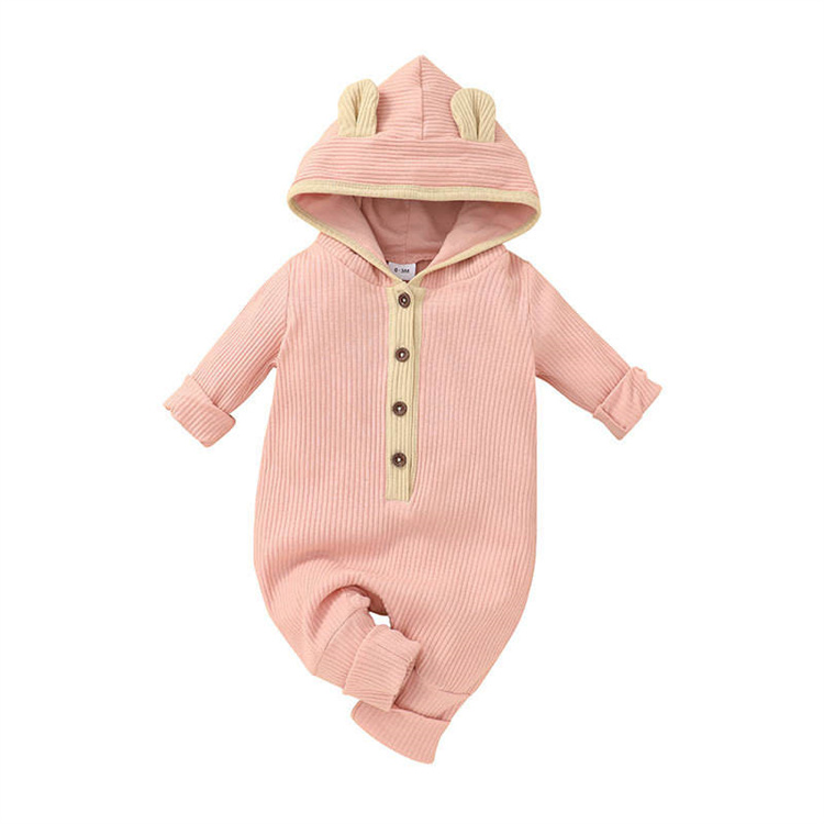 Mommyhome Rippbündchen Kapuze Langarm einreihiger Baby Jumpsuit