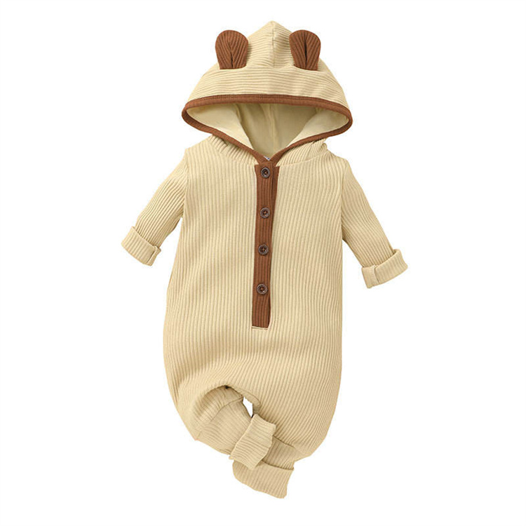 Mommyhome Rippbündchen Kapuze Langarm einreihiger Baby Jumpsuit